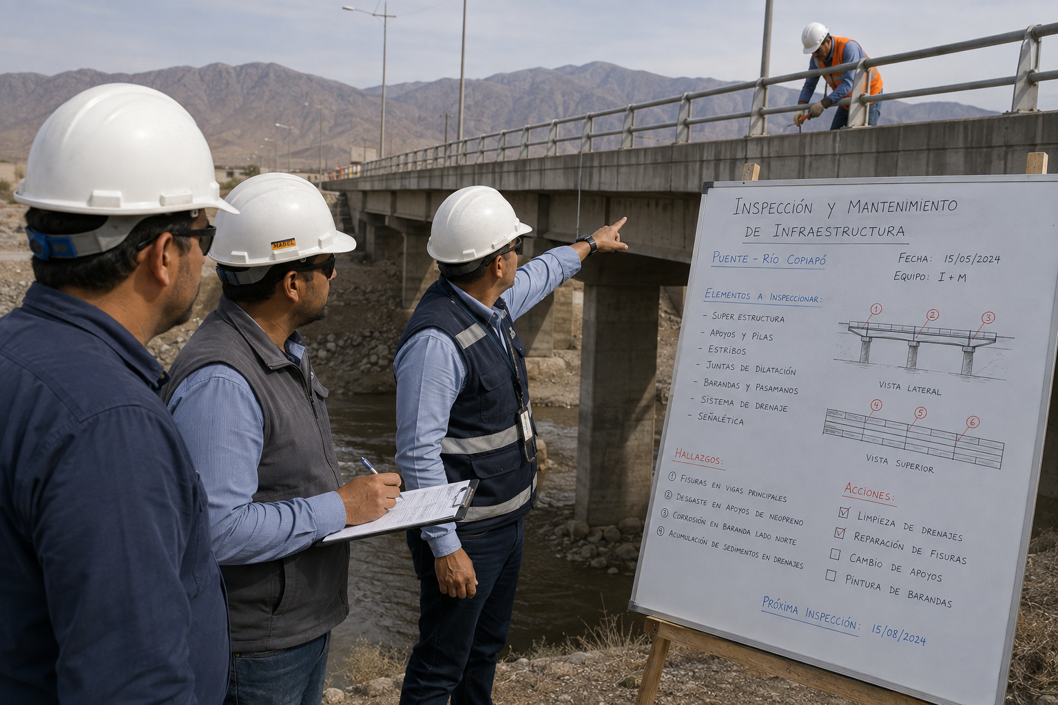 Equipo técnico inspeccionando la infraestructura de un puente